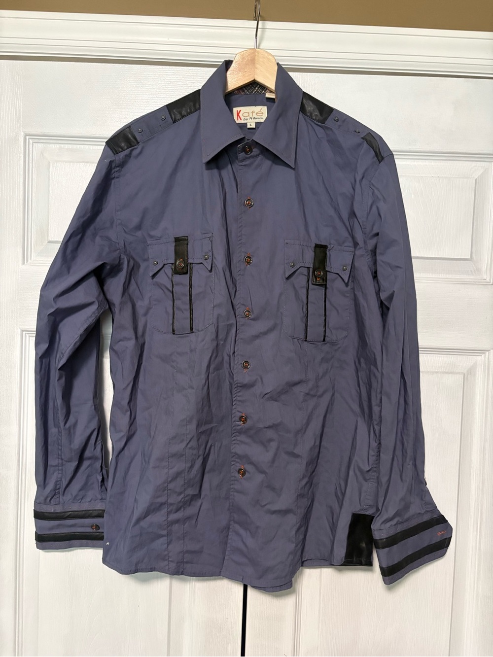 Kafé Men's Large Slate Blue Faux Leather Trim Button Down Shirt Clubwear